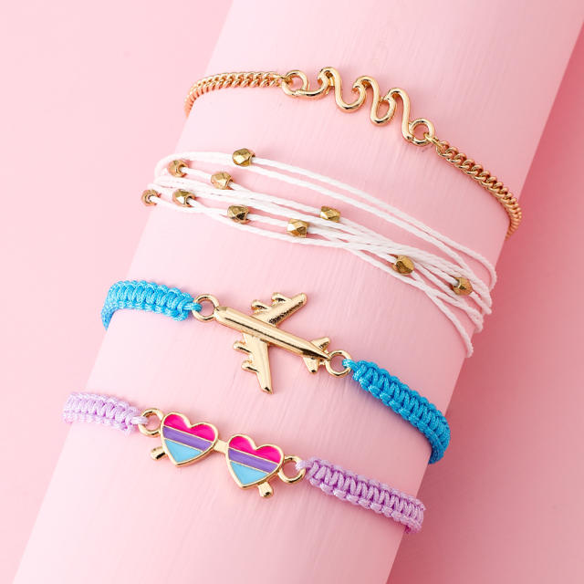 4pcs sweet color enamel heart plane braid bracelet set