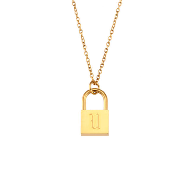 Hiphop vintage initial letter padlock pendant stainless steel necklace