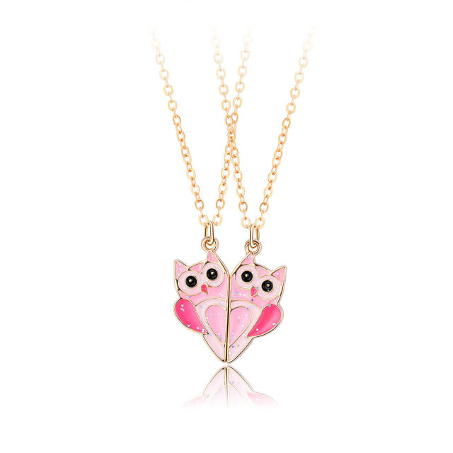 Cute pink enamel owl Magnetic attraction BFF necklace