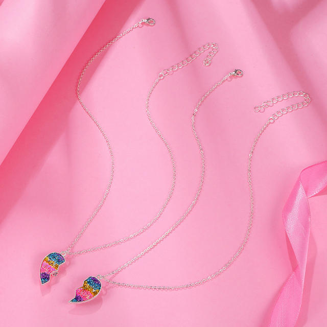 Rainbow color Gliter sequins heart BFF necklace set