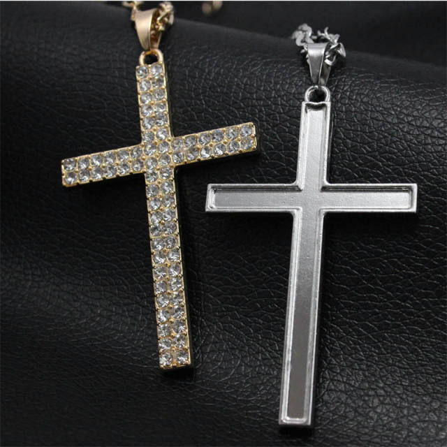 Hiphop diamond cross alloy pendant stainless steel chain necklace for men