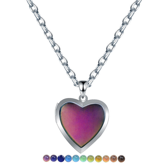 Personality color changing with temperature heart locket stainless steel chain necklace