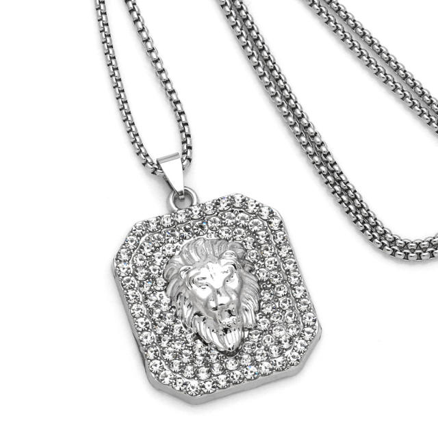 Hiphop diamond lion card alloy pendnat stainless steel chain necklace for men