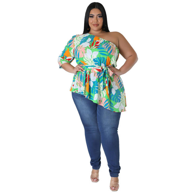 Plus size color pattern summer one shoulder long women tops