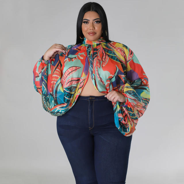 Plus size summer chiffon long sleeve cropped tops