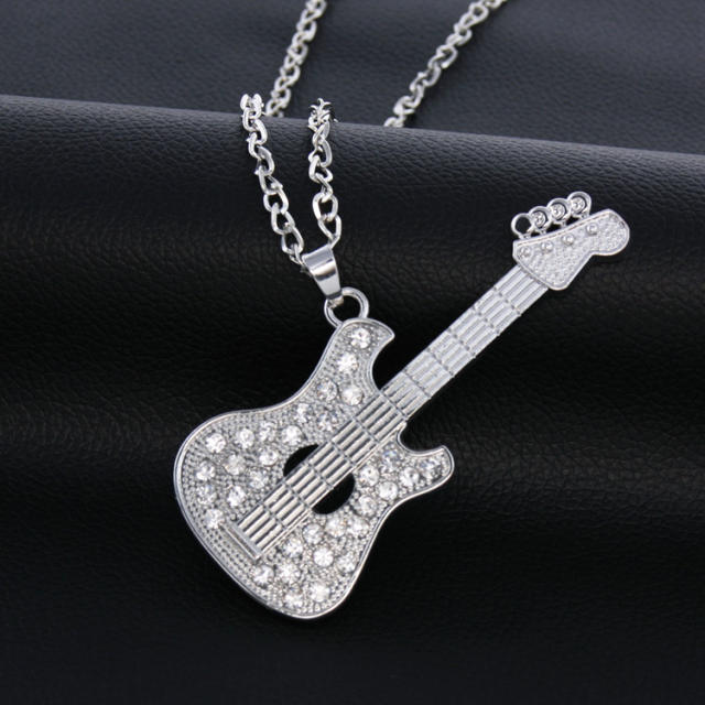 Hiphop diamond guitar alloy pendant stainless steel chain necklace for men