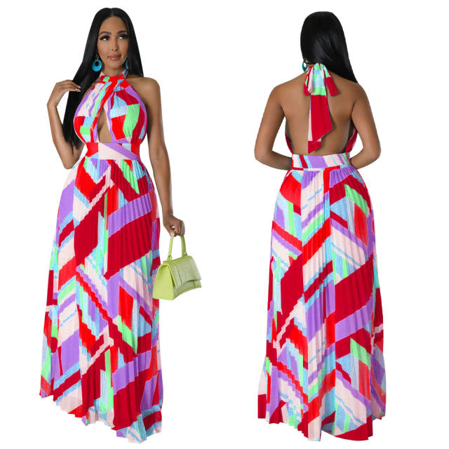 Holiday pattern sexy backless halter neck maxi dress