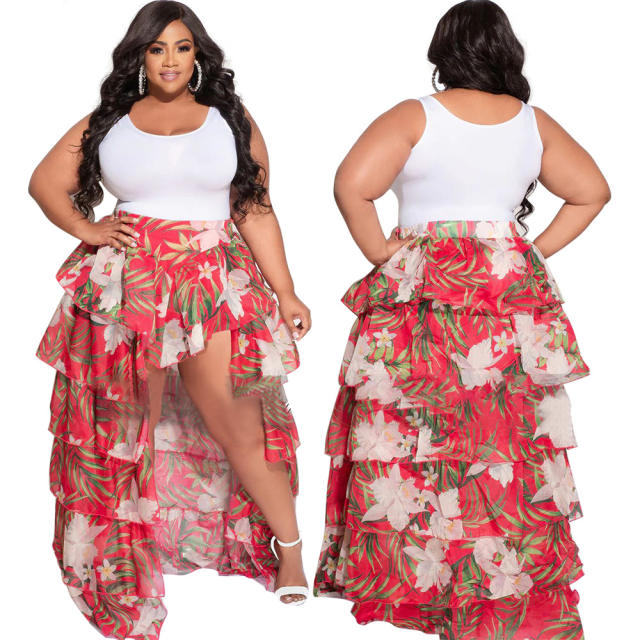 Plus size plain color tops ruffle skirt set