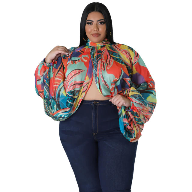 Plus size summer chiffon long sleeve cropped tops