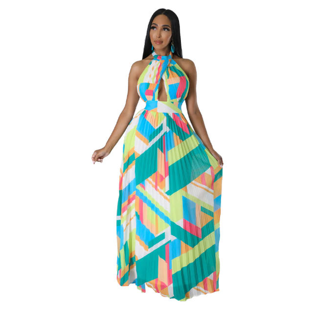 Holiday pattern sexy backless halter neck maxi dress