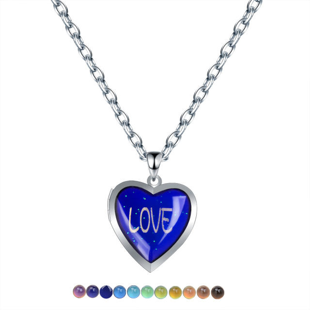 Personality color changing with temperature heart locket stainless steel chain necklace