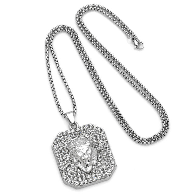 Hiphop diamond lion card alloy pendnat stainless steel chain necklace for men