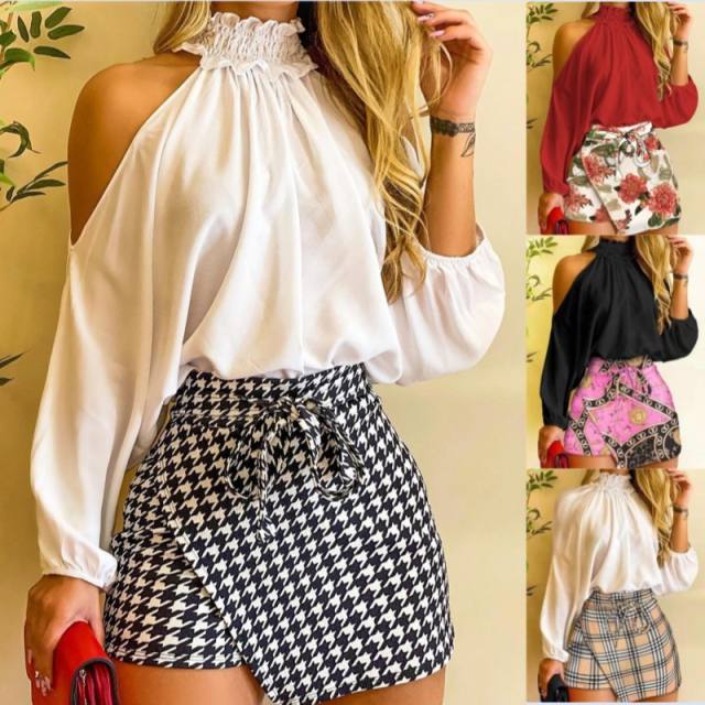 Creative plain color cold shoulder tops mini skirt set
