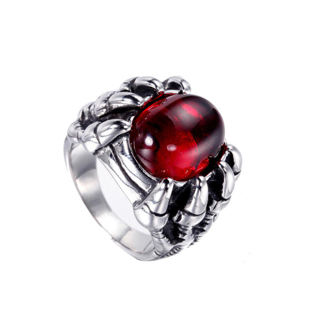 Punk trend red color bead stainless steel rings