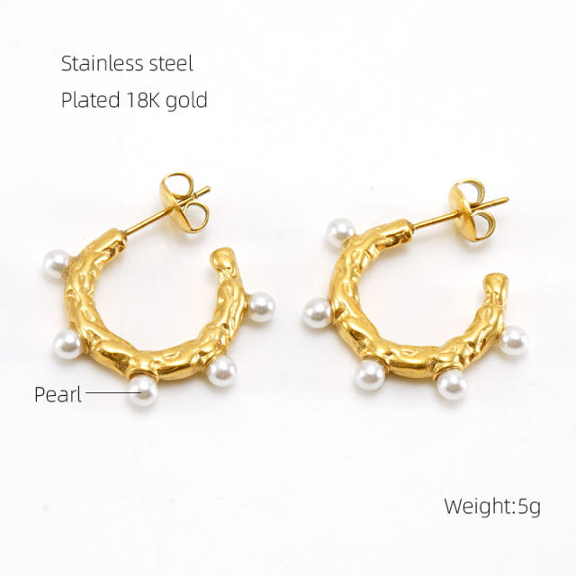 18KG rhinestone pearl bead stainless steel open hoop earrings
