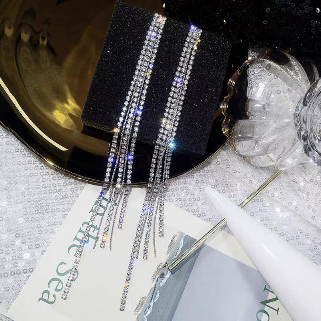Luxury full diamond long tassel earrings