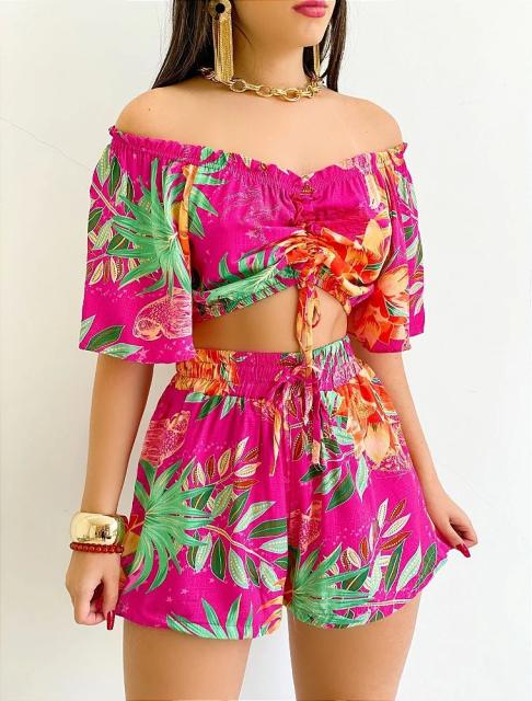 Summer pattern cropped tops shorts set