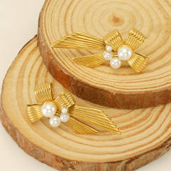 Elegant pearl bead bow stainless steel earrings
