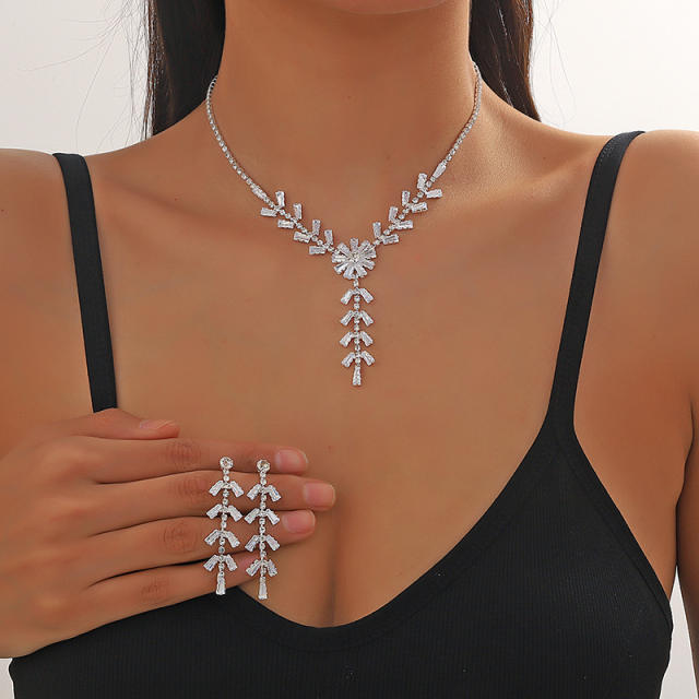 Elegant pave setting cubic zircon copper necklace earring set