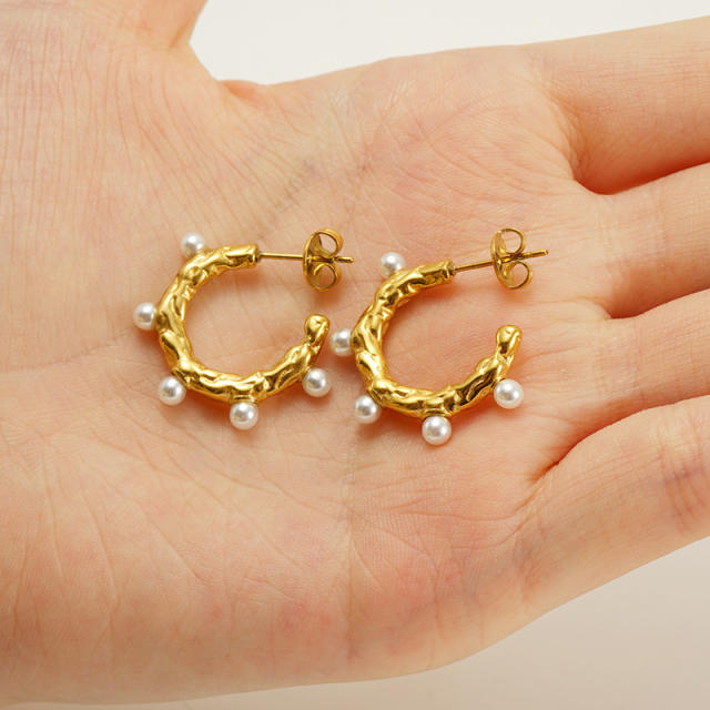 18KG rhinestone pearl bead stainless steel open hoop earrings