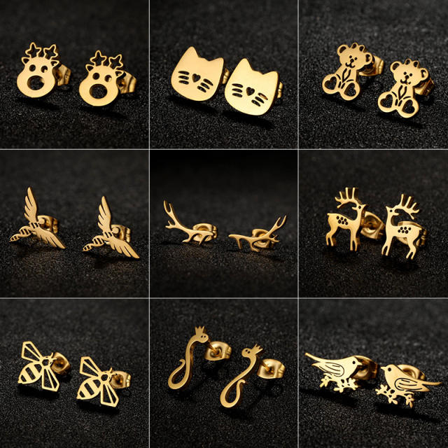 Hiphop cute birds deer animal cheap price stainless steel studs earrings