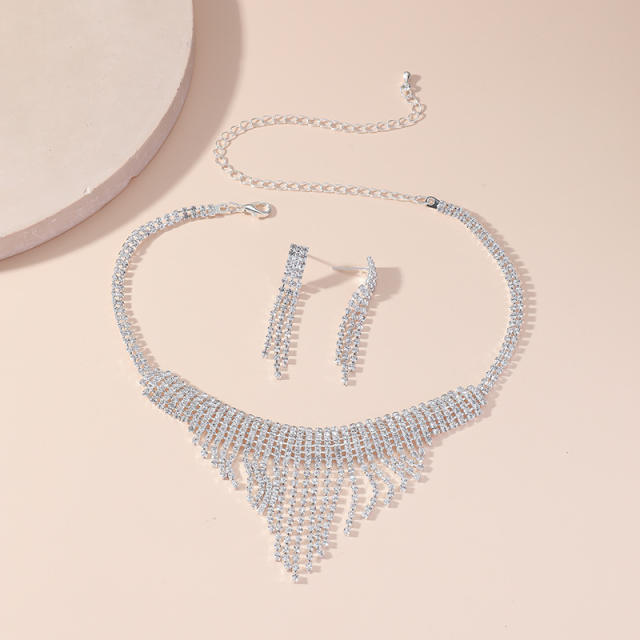 Elegant diamond tassel wedding necklace earring set