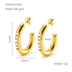 18KG rhinestone pearl bead stainless steel open hoop earrings