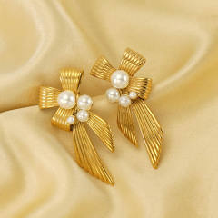 Elegant pearl bead bow stainless steel earrings