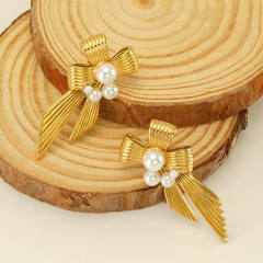 Elegant pearl bead bow stainless steel earrings