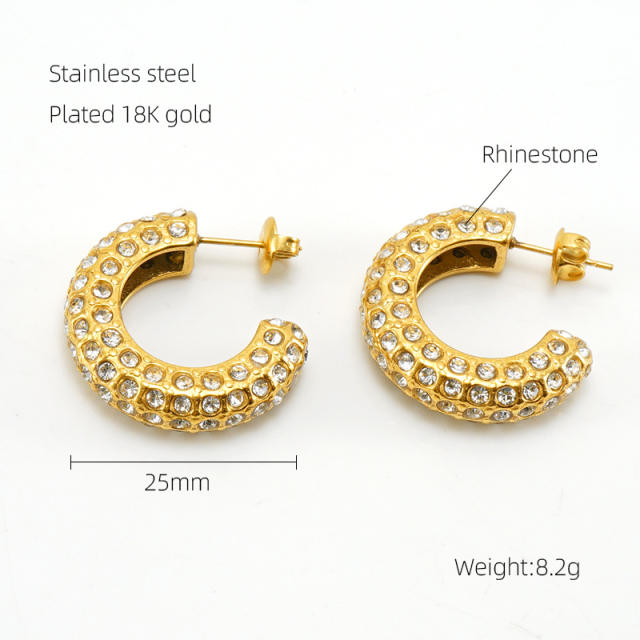 18KG rhinestone pearl bead stainless steel open hoop earrings