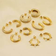 18KG rhinestone pearl bead stainless steel open hoop earrings