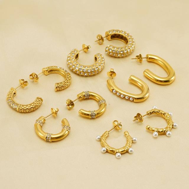 18KG rhinestone pearl bead stainless steel open hoop earrings
