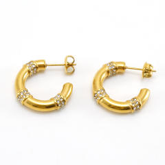 18KG rhinestone pearl bead stainless steel open hoop earrings