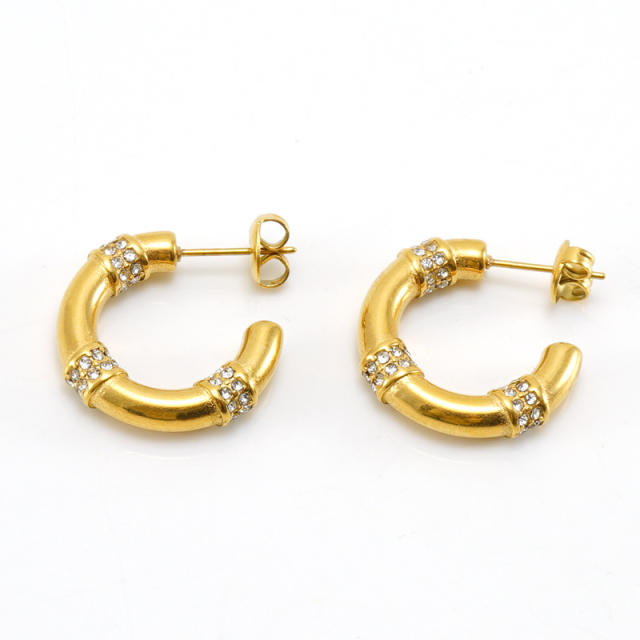 18KG rhinestone pearl bead stainless steel open hoop earrings