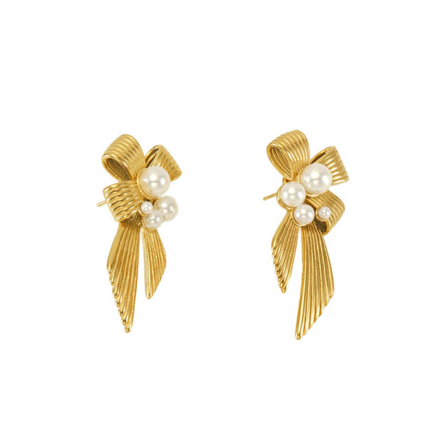 Elegant pearl bead bow stainless steel earrings