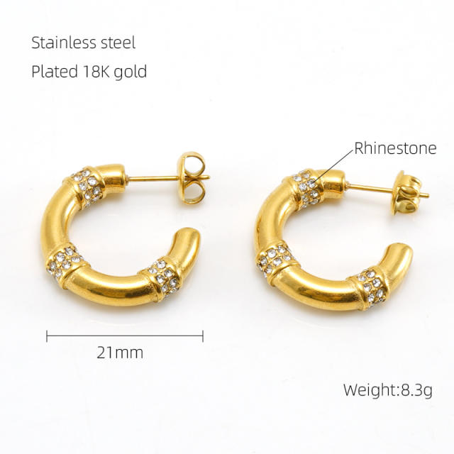 18KG rhinestone pearl bead stainless steel open hoop earrings