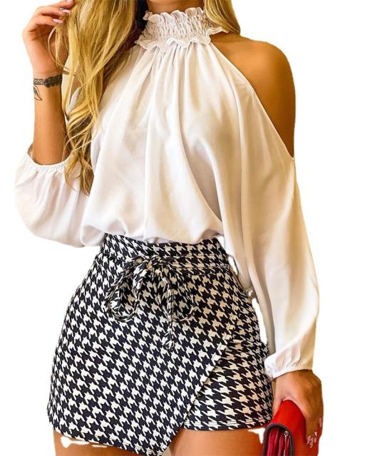 Creative plain color cold shoulder tops mini skirt set