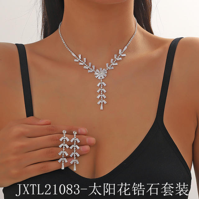 Elegant pave setting cubic zircon copper necklace earring set