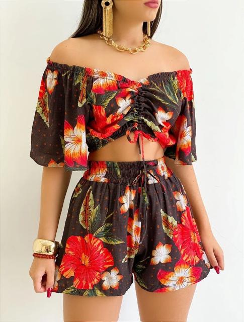 Summer pattern cropped tops shorts set