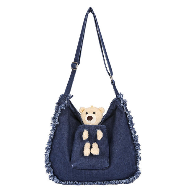 Cute bear denim large tote bag