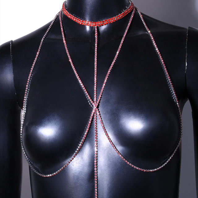 Sexy red color rhinestone bodychain chest chain