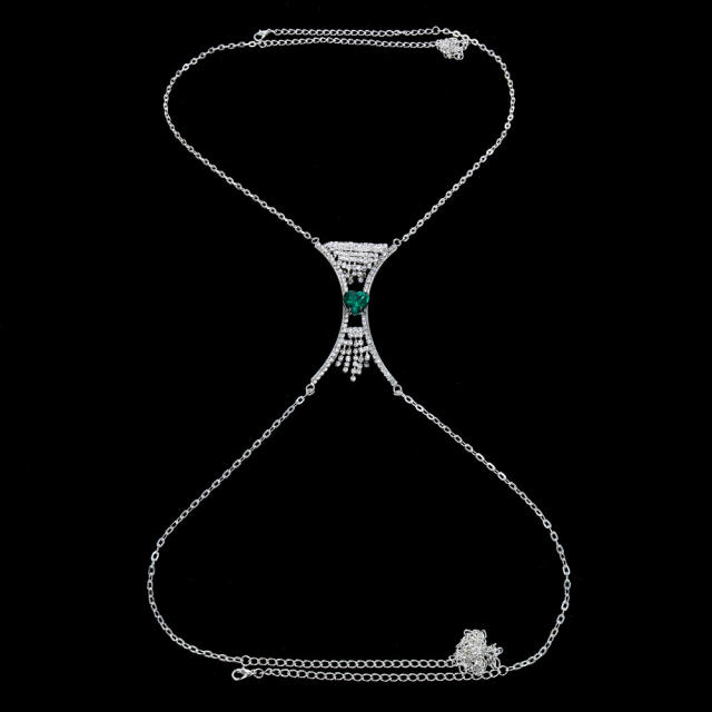 Green color glass crystal heart sexy diamond chest chain bodychain