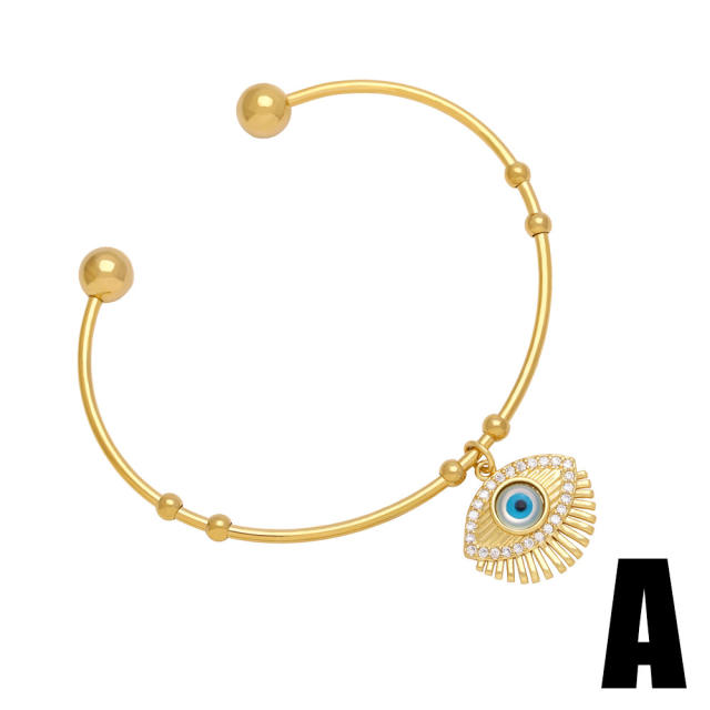 Classic evil eye hasma hand charm gold plated copper cuff bangle
