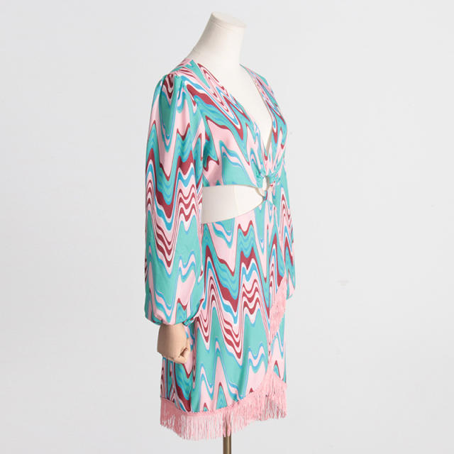 Long sleeve national trend pattern tassel short dress