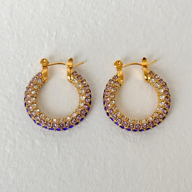 Colorful diamond pave setting stainless steel hoop earrings