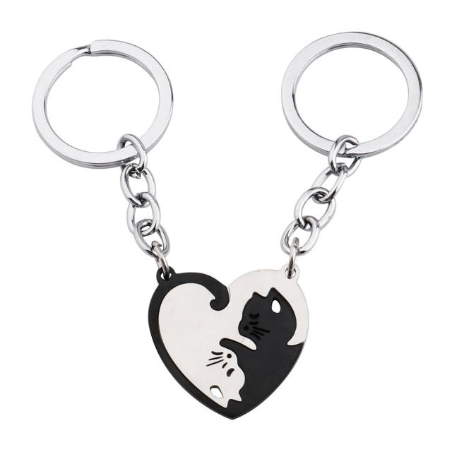 Delicate cat heart matching stainless steel keychain necklace