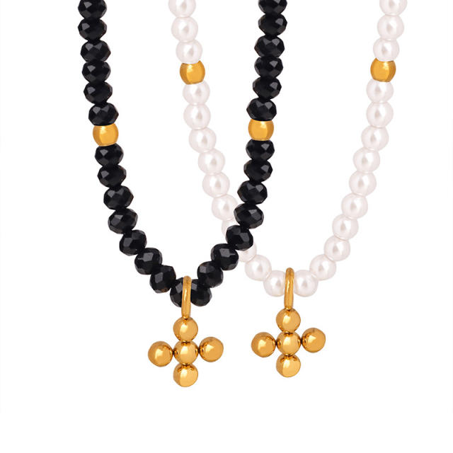 Baroque glass bead tiny stainless steel bead cross pendant necklace