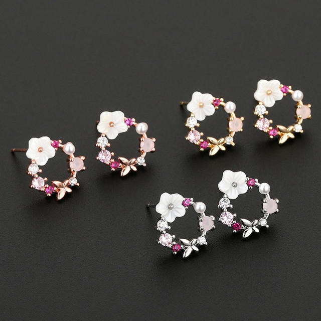 Romantic shell flower circle shape copper studs earrings