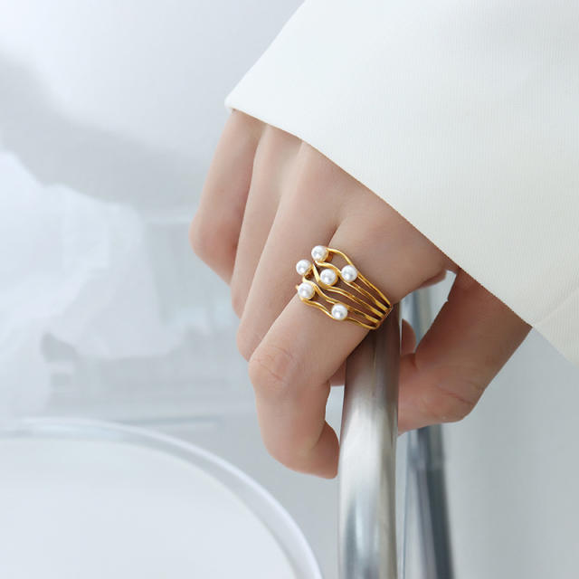 Wave shape pearl bead stainless steel rings