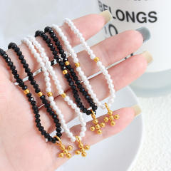 Baroque glass bead tiny stainless steel bead cross pendant necklace